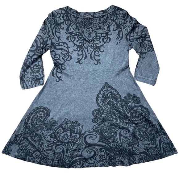 Renuar A-Line Mini Dress Small Gray Mandalas Print 3/4 Sleeves Stretch - Picture 3 of 12